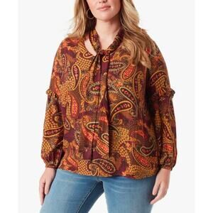 NWT Jessica Simpson Paisley Tie Neck Lined Blouse Brown Gold Boho Long Sleeve 2X